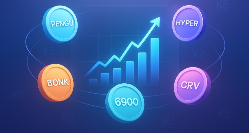Ilustrace top 5 kryptoměn července 2025 s tokeny PENGU, HYPER, BONK, 6900 a CRV a rostoucím grafem v pozadí.