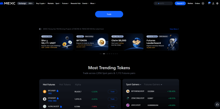 MEXC homepage showing ongoing crypto promotions and trending cryptocurrencies.