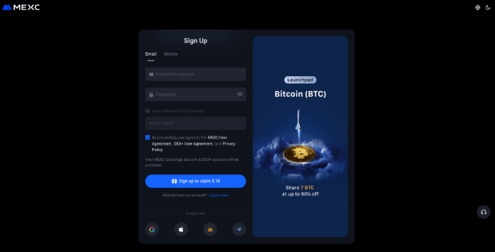MEXC sign-up page. 