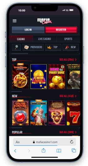 The Mafia Casino homepage on mobile.