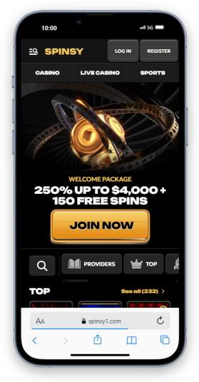 Spinsy Casino mobile homepage showing welcome package – no deposit bonus Australia
