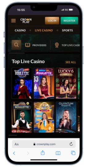 The Crownplay homepage on mobile.