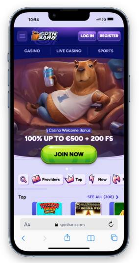 The Spinbara homepage on mobile.