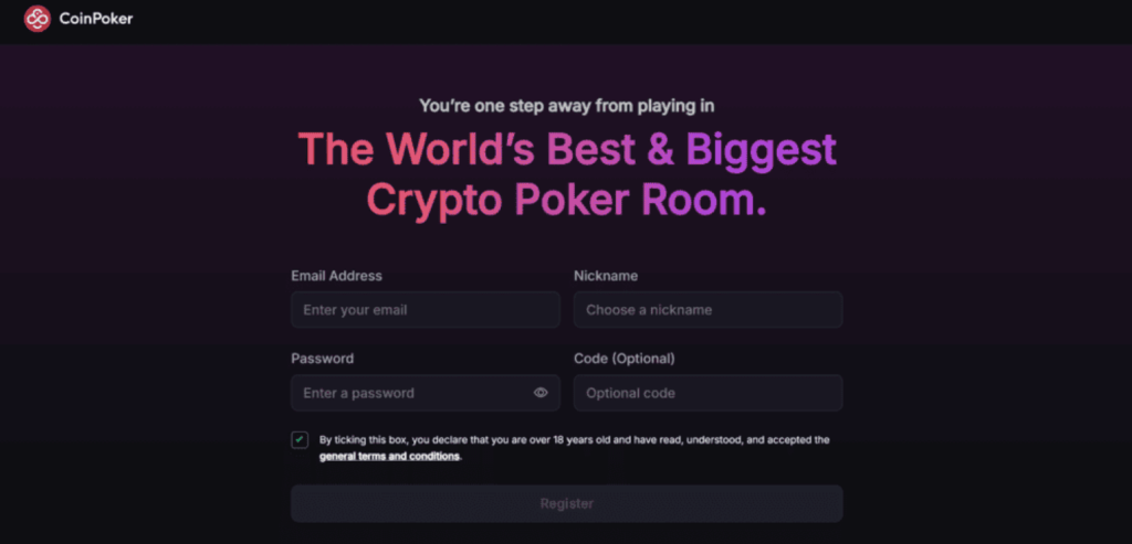Vytvořte si účet na CoinPoker.