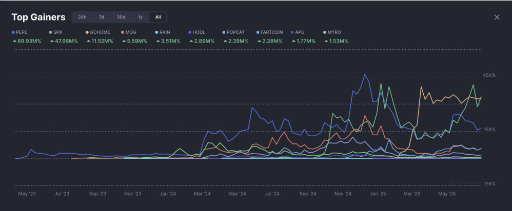 Top meme coin gainers of all time graph on CoinMarketCap.