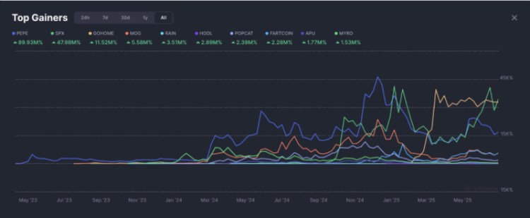 Top meme coin gainers of all time graph on CoinMarketCap.