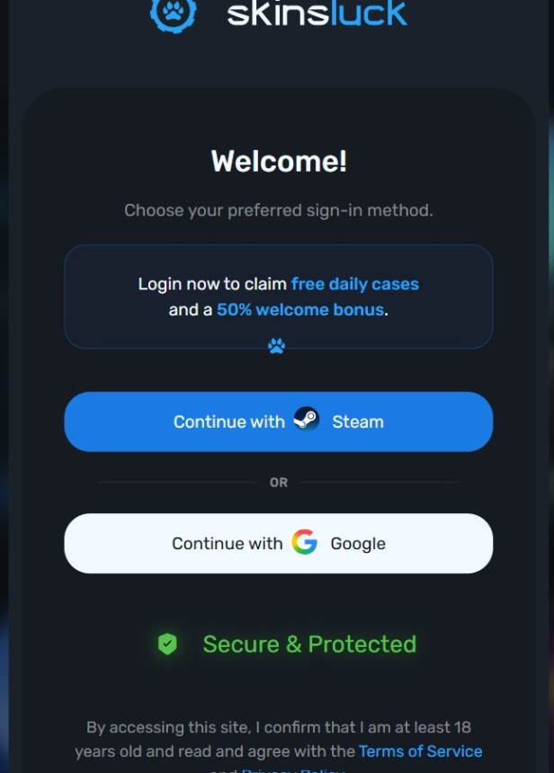Você pode acessar Skinsluck com conta Steam ou Google