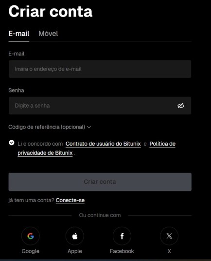 Você pode criar sua conta na Bitunix com email ou conta em redes sociais