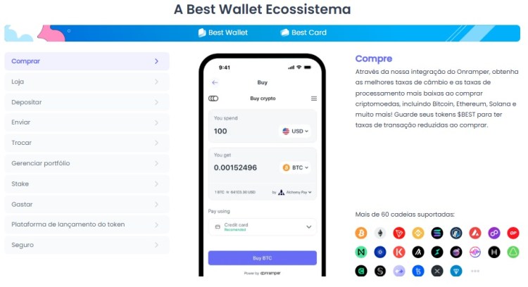 Ecossistema Best Wallet: compra de cripto no app, ações do menu e cadeias compatíveis.
