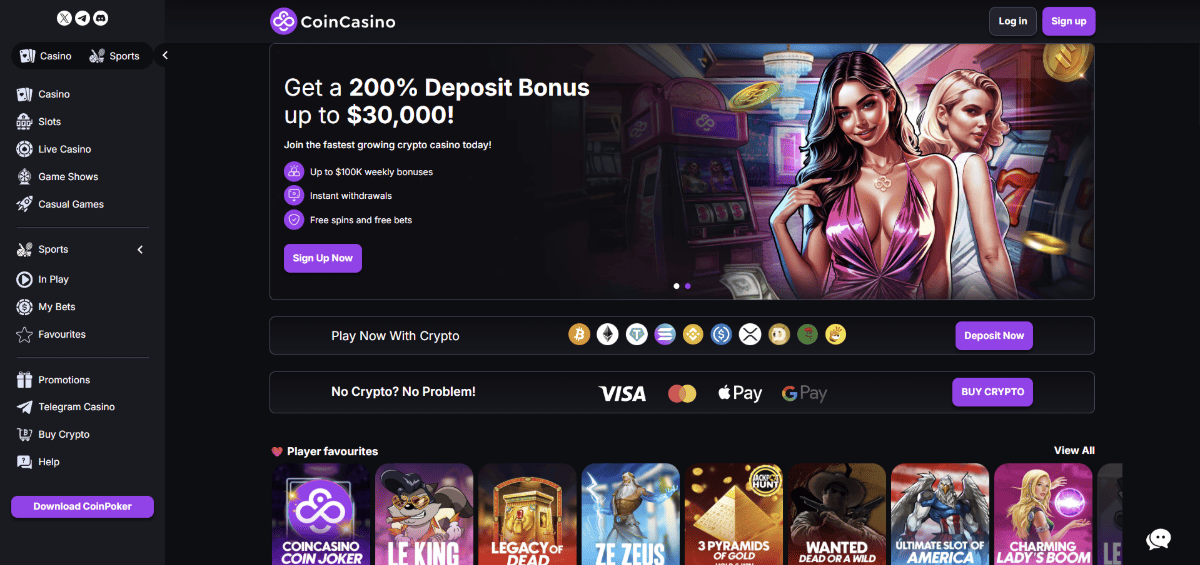 2. CoinCasino – kazino su milžinišku bonusu ir tūkstančiais žaidimų