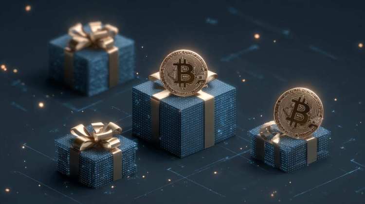 青色のプレゼントボックスの上にあるBTC