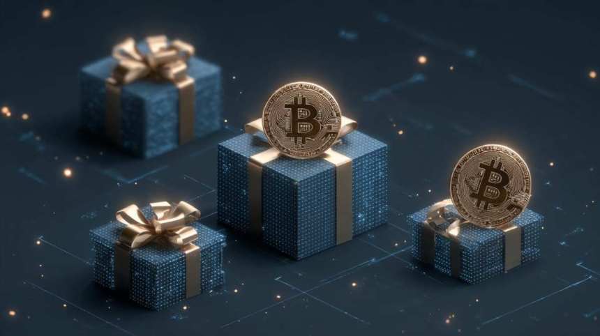 青色のプレゼントボックスの上にあるBTC