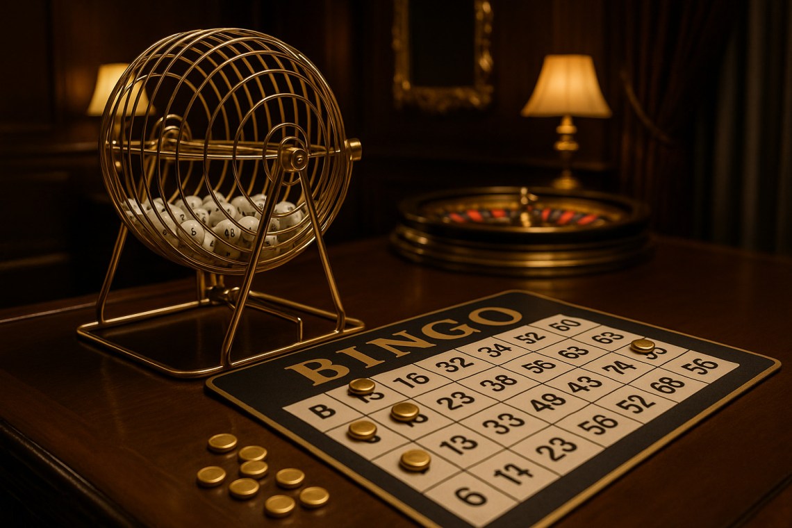 豪華なカジノの雰囲気の中で行われるビンゴゲームの画像。オンラインカジノでのビンゴゲームおすすめホーム画面