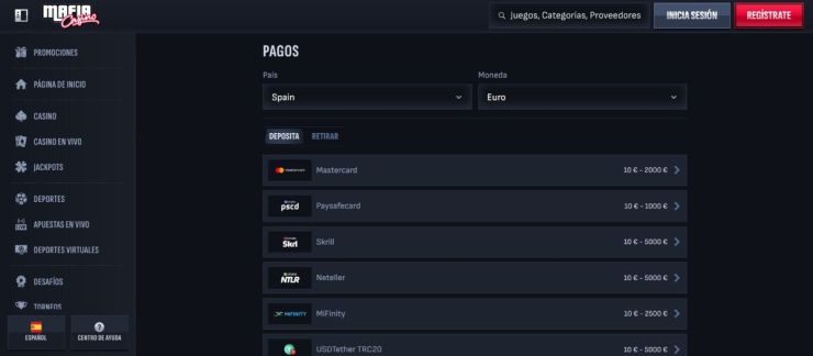 En Mafia Casino puedes depositar con diferentes vías de pago