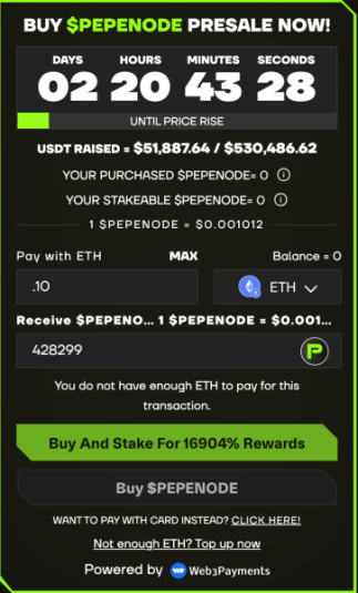 Selecting how much ETH to pay with inside PEPENODE ($PEPENODE) official presale website.