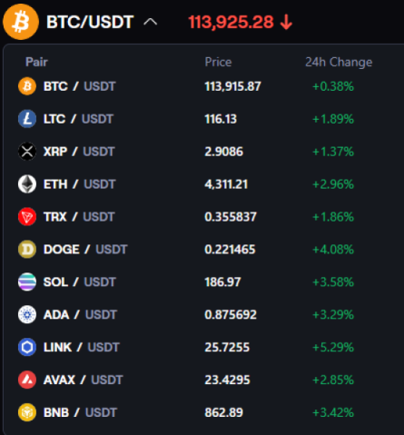 A screenshot of the pair options on CoinFutures app.