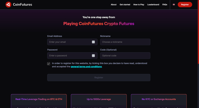CoinFutures register page, where you enter your email, password, and nickname.