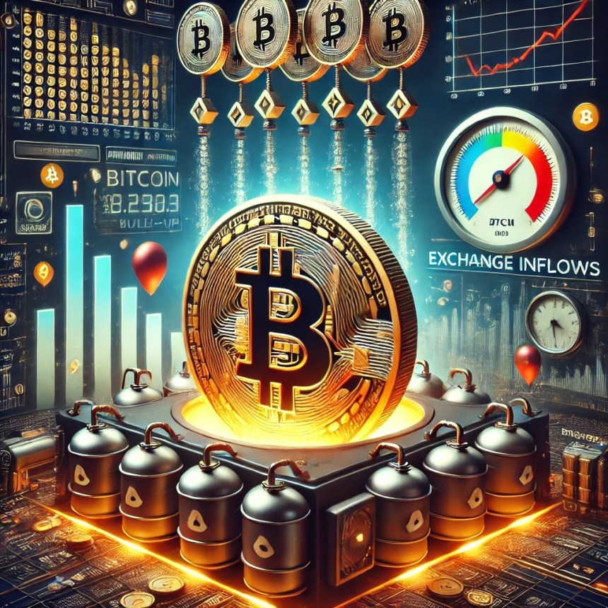 DALL·E 2025-08-15 14.27.23 - A conceptual and symbolic illustration depicting Bitcoin under pressure due to rising exchange inflows, signaling a potential supply build-up. A large
