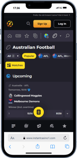 Instant Casino mobile site showing AFL match odds for afl betting Australia fans