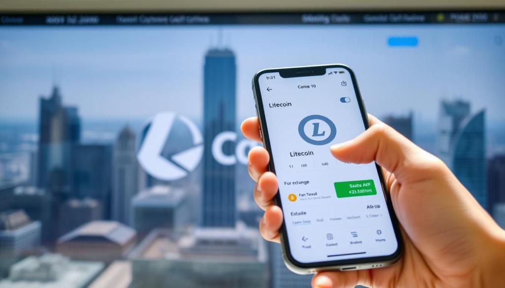 Telefon mobil afișând aplicația Litecoin pe fundal urban modern