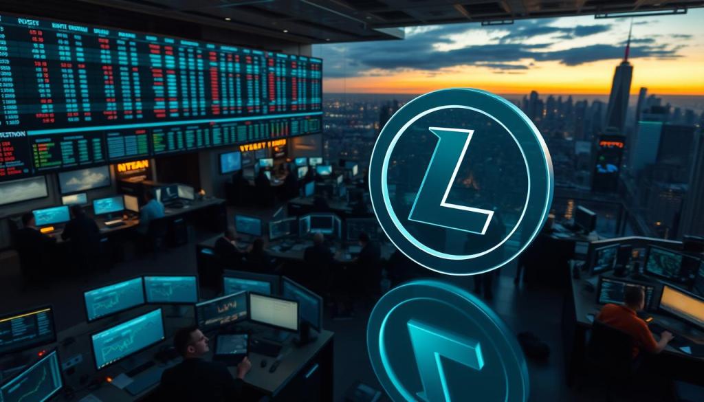 Ecran mare cu grafice crypto și panorama unui oraș noaptea – cum cumpar Litecoin