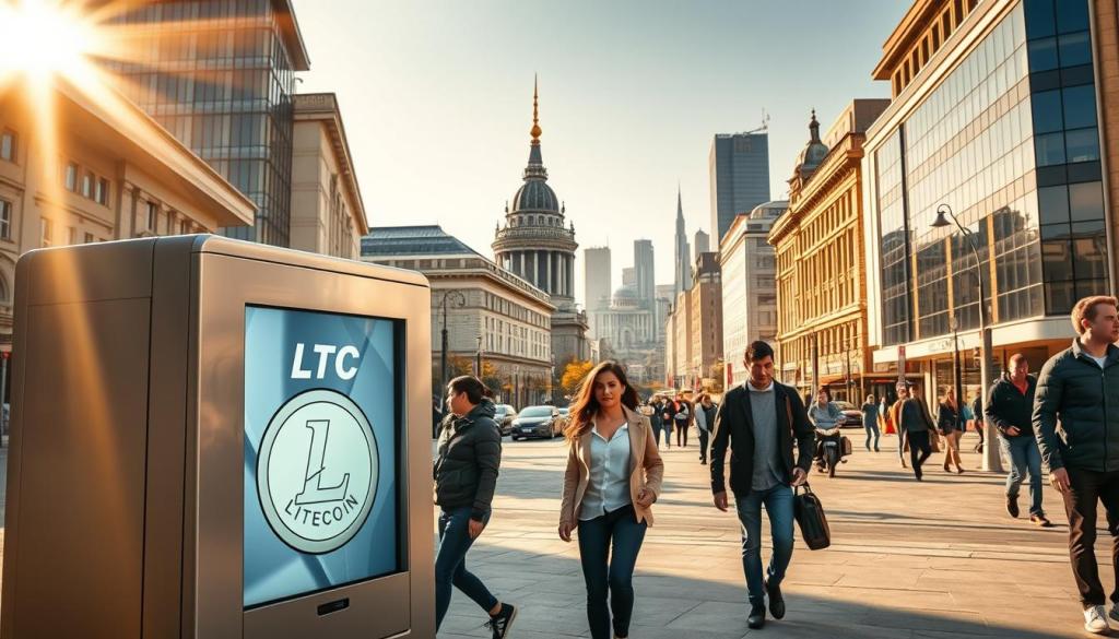 Portofel hardware metalic cu logo Litecoin pe o masă din lemn