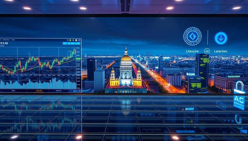 Sala de tranzacționare la bursă cu simbolul Litecoin luminat – cum cumpar Litecoin