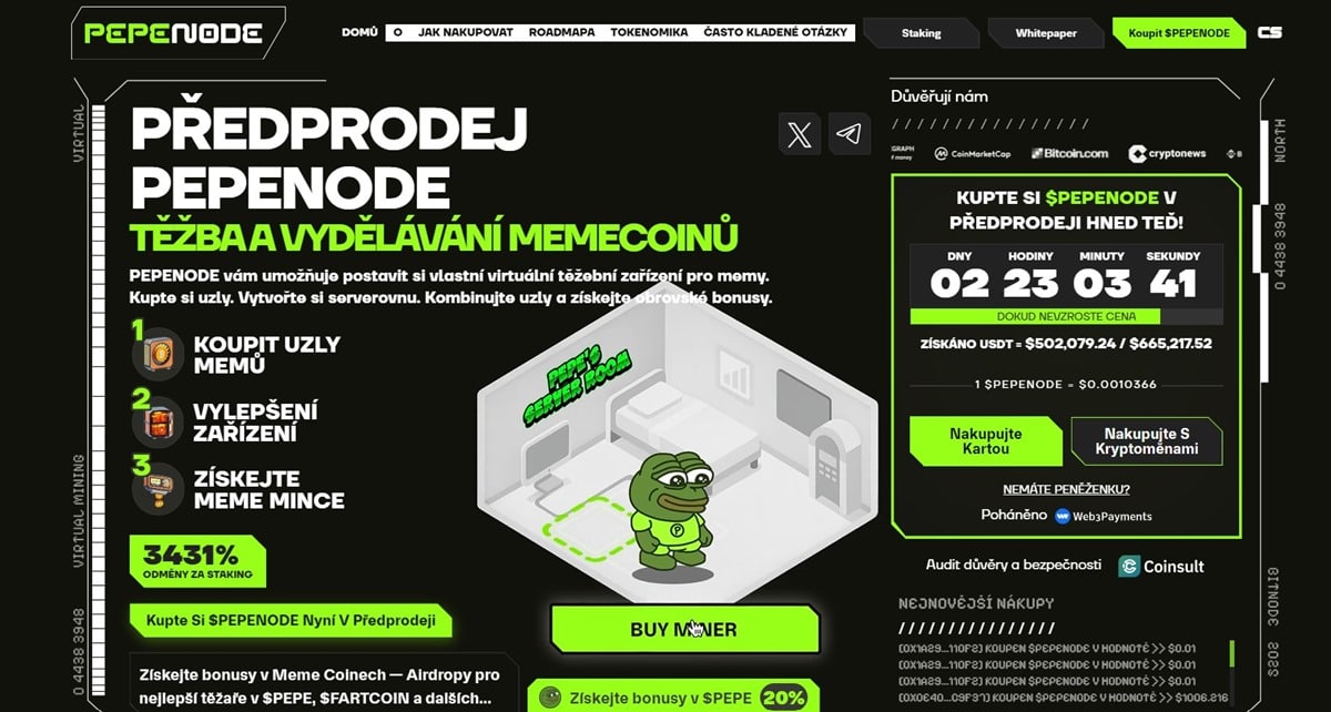 Pepenode (PEPENODE) První „mine-to-earn“ meme coin s deflační ekonomikou