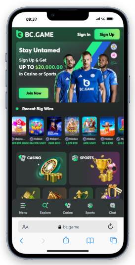 BC.Game mobile interface showing casino and sports games available at Litecoin Casino Australia.