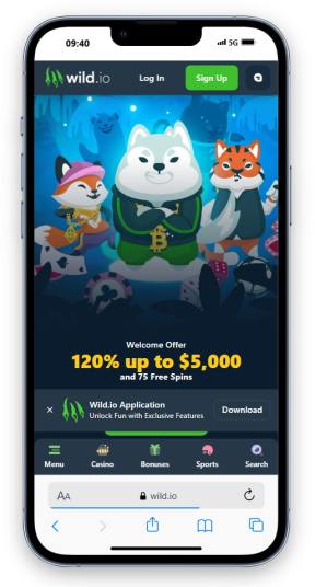 Wild.io mobile casino homepage offering 120% welcome bonus up to $5,000 for Litecoin Casino Australia players..