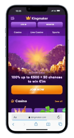 The Kingmaker homepage on mobile.