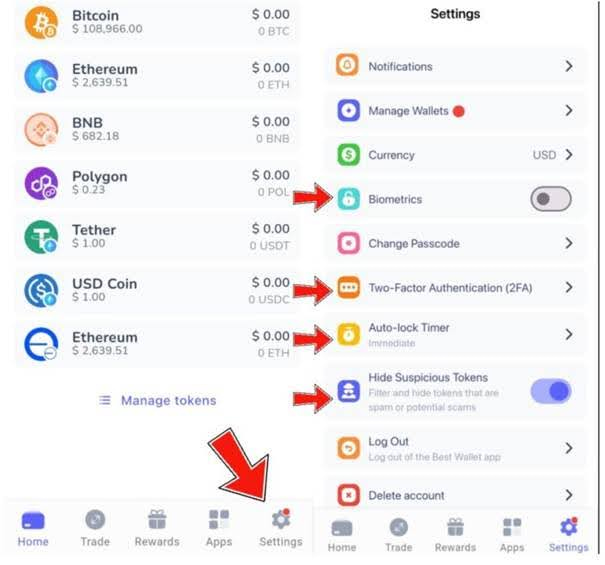 Sicherheitsfunktionen einrichten bei Best Wallet