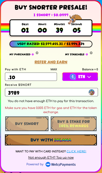 Snorter Token presale dashboard allowing you to choose the amount you wish to buy.