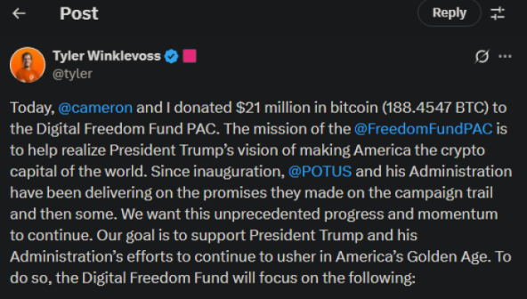 Tyler Winklevoss announces the $21M donation to the Freedom Fund PAC.