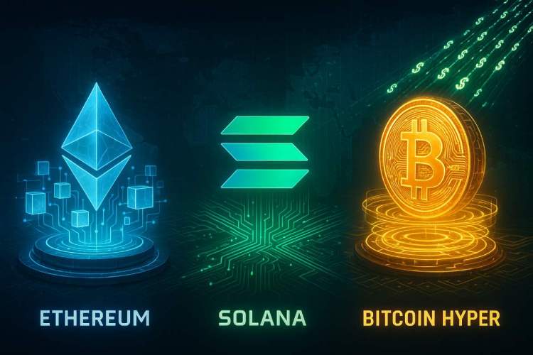 Ethereum、Solana、Bitcoin Hyperを象徴する新しい仮想通貨の未来図。安定したデジタルドルが流れるグローバルネットワークとレイヤー2技術を強調。