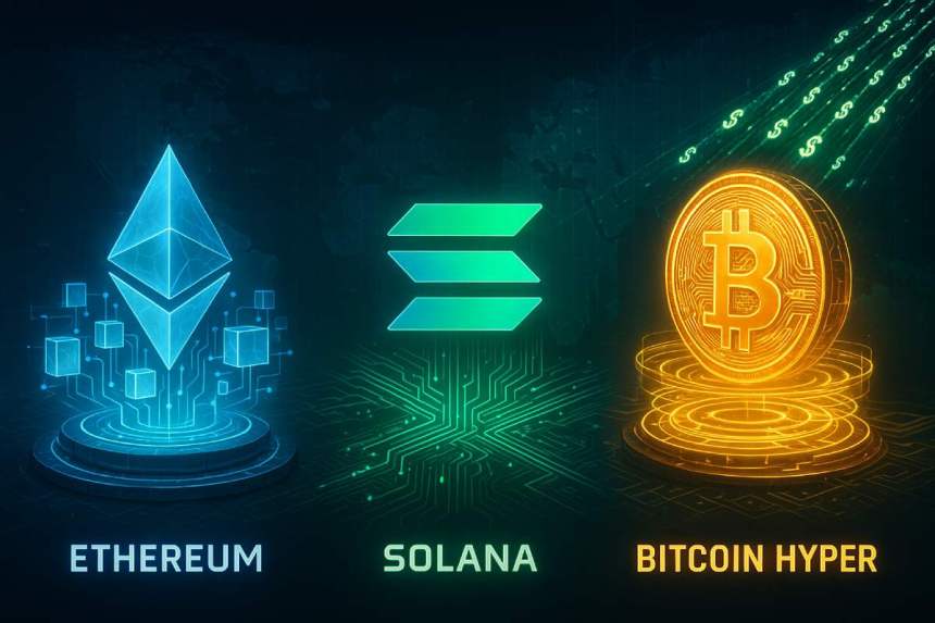 Ethereum、Solana、Bitcoin Hyperを象徴する新しい仮想通貨の未来図。安定したデジタルドルが流れるグローバルネットワークとレイヤー2技術を強調。