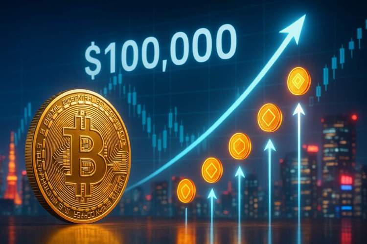 ビットコインが10万ドルを突破し、注目の安いアルトコインが上昇する様子を描いたイメージ