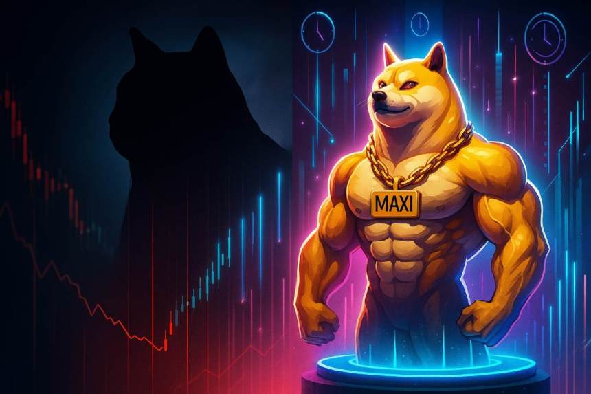 ドージコインの未来とMaxiDogeの台頭を象徴するイラスト