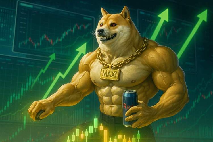 ドージコイン 今後の価格予測を示す強気なチャートと犬のロゴ