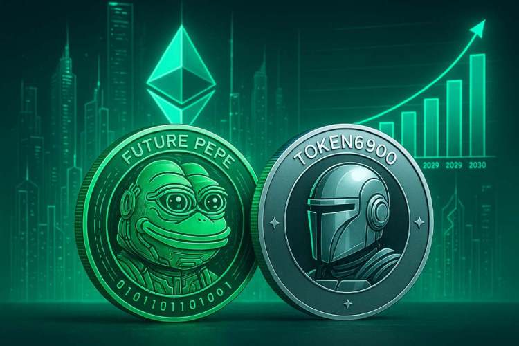 Future PepeとToken6900、2025–2030年の価格予測を示す未来的な仮想通貨イメージ