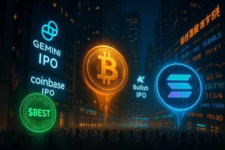 GeminiのIPOと共に注目される仮想通貨おすすめ：Best Wallet、Bitcoin Hyper、Solanaを象徴する未来的イラスト