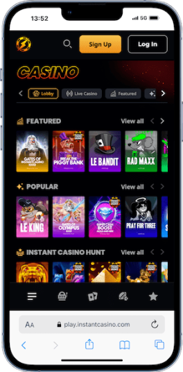mobile screenshot for the Instant Casino online slots page for players in Canada
