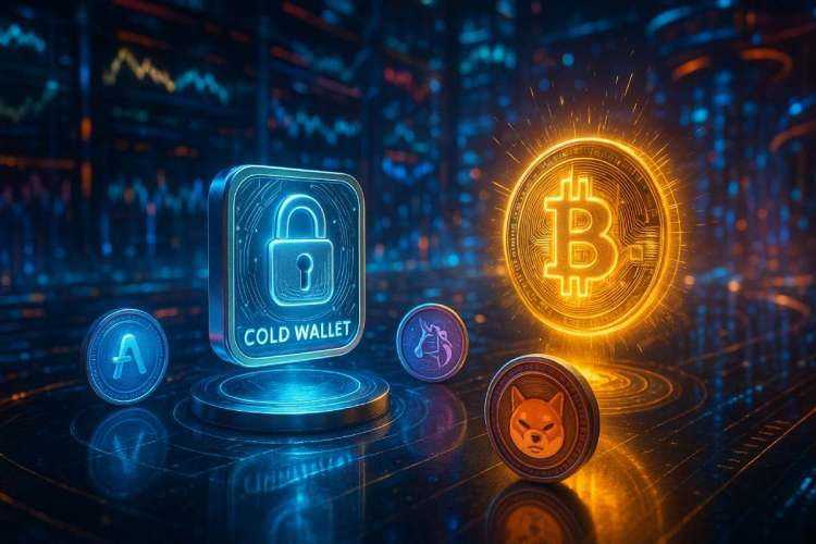 Cold Walletや主要アルトコイン、Bitcoin Hyperを象徴する未来的な仮想通貨のイラスト
