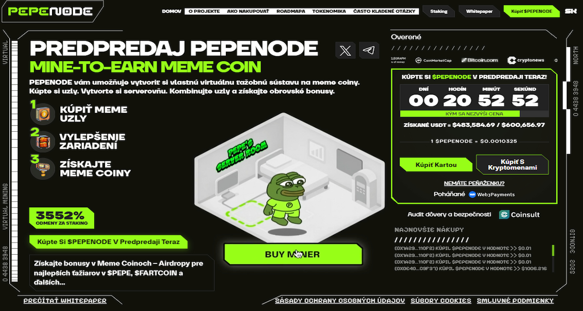 Pepenode sa označuje za „prvý mine-to-earn memecoin“, ktorý mení predpredaj na hru: používatelia kupujú Miner Nodes a upgradujú zariadenia v off-chain simulátore, ktorý sa neskôr presunie on-chain.