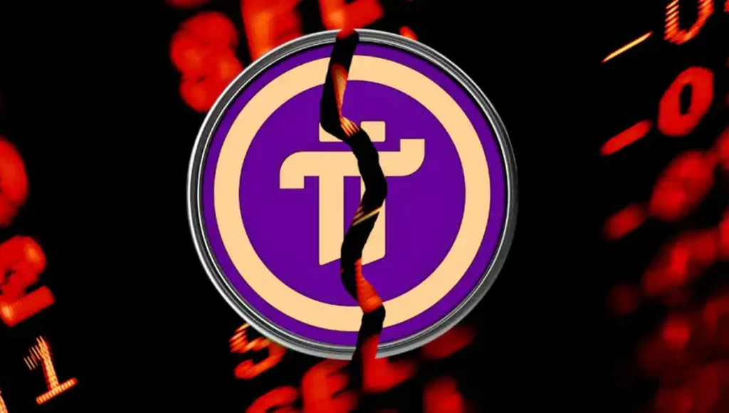 Монета Pi coin з тріщиною на фоні червоних числових біржових даних, що символізує падіння ціни.