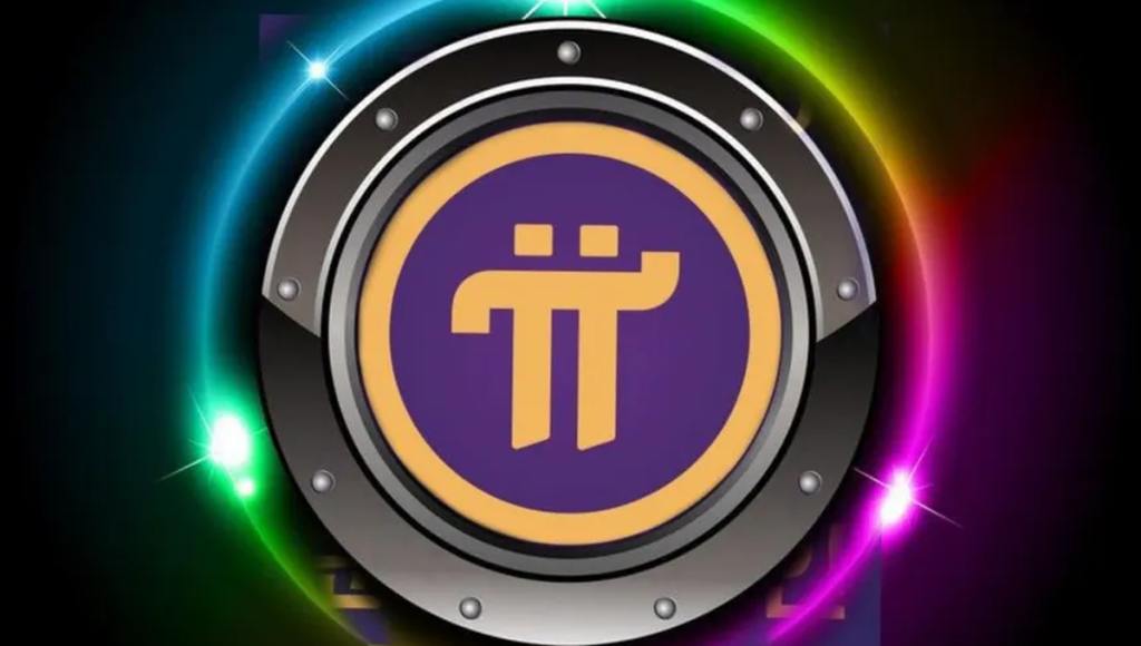 Монета Pi coin в металевій рамці з райдужним світінням на темному фоні.