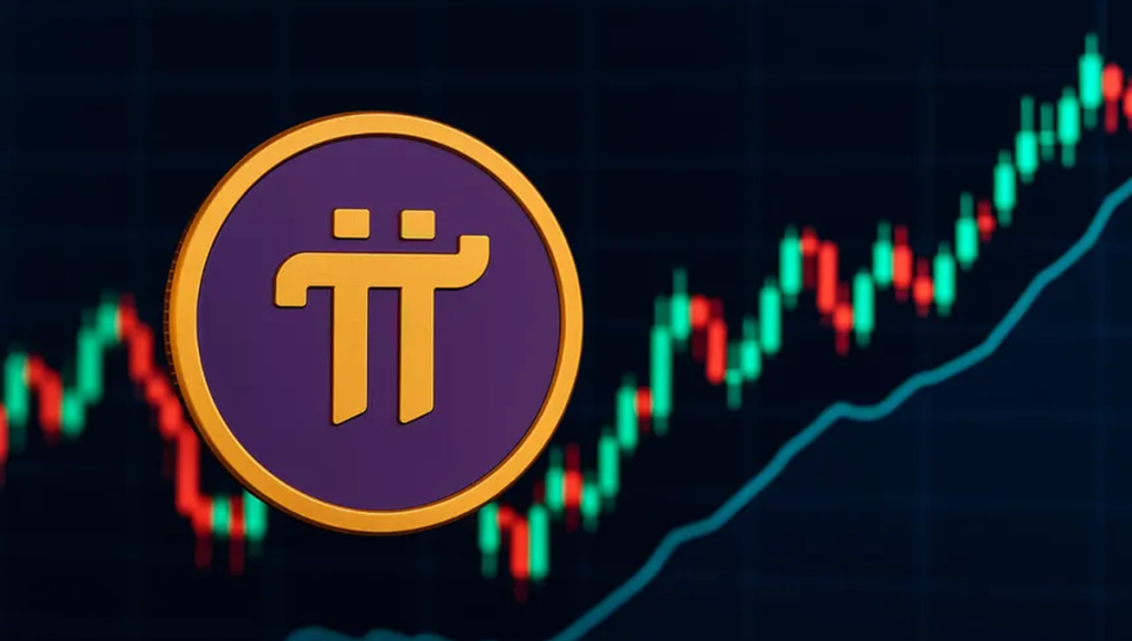Монета Pi coin на фоні біржового графіка зі зростаючим трендом.