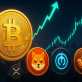 ビットコイン高値更新で注目されるXRP、SHIB、MANTRA、Maxi Dogeなど 仮想通貨 おすすめ 4銘柄を表現したイメージ