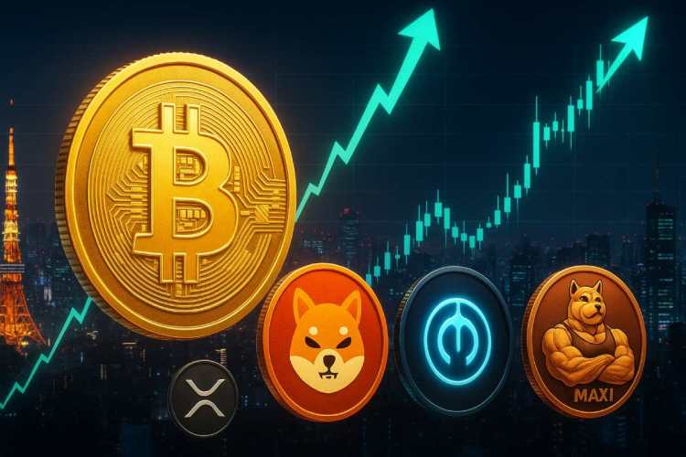 ビットコイン高値更新で注目されるXRP、SHIB、MANTRA、Maxi Dogeなど 仮想通貨 おすすめ 4銘柄を表現したイメージ