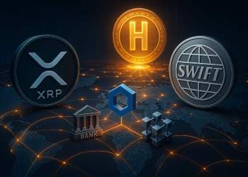 リップル（XRP）、SWIFT、Chainlink、そして新たな代替案Bitcoin Hyperを描いた未来的な国際決済ネットワークのイラスト